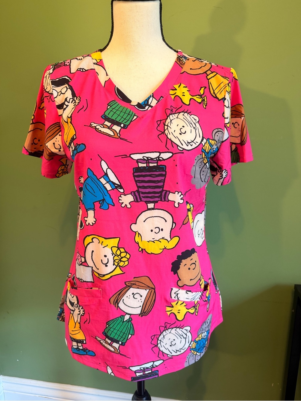 Peanuts womans Scrubs Bright Pink Character Scrub Top
